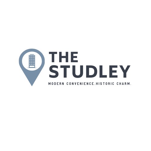 The logo for The Studley hotel features a location pin and a building.